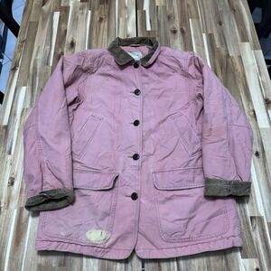 LL Bean Chore Coat Womens M Pink Corduroy Collar Canvas Barn Outdoor *STAINS